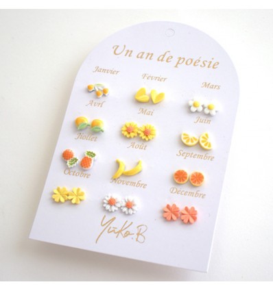 12 paires de boucles d'oreilles Jaunes - Yuko B